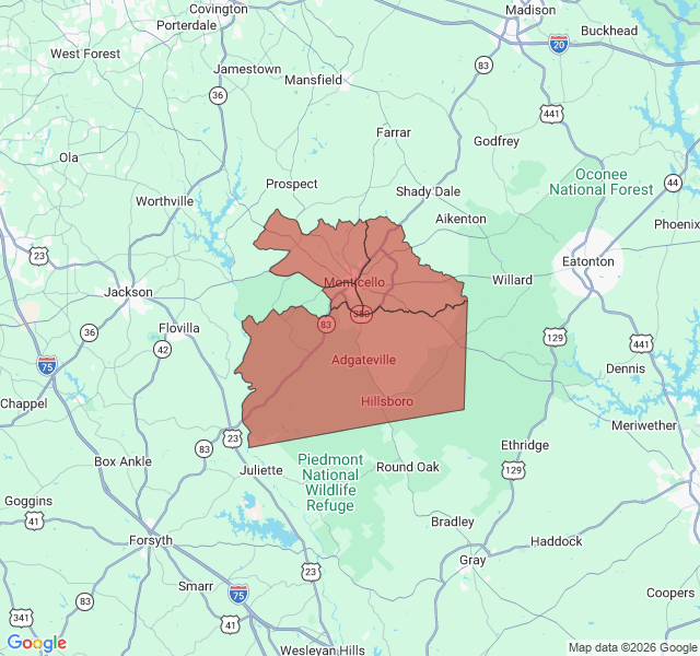 Map of septic coverage in Monticello, GA