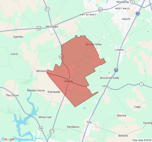 Map of septic coverage in Moody, TX
