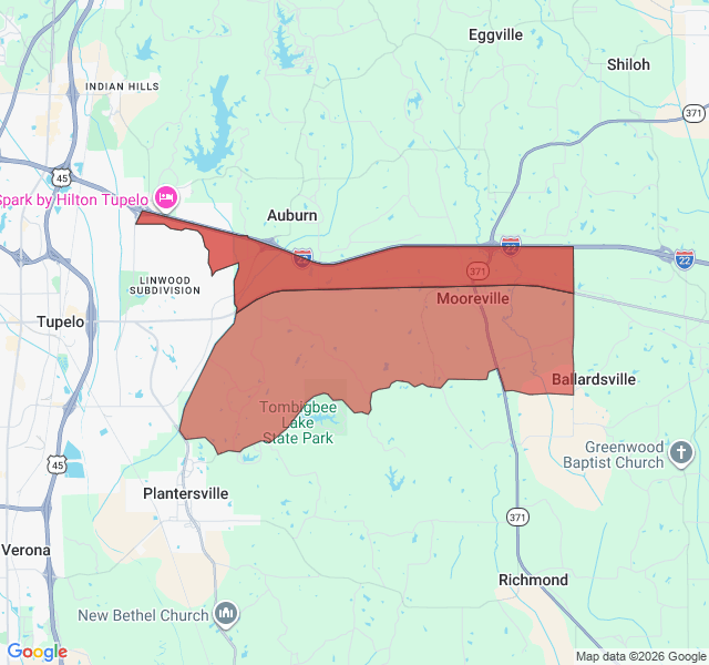 Map of septic coverage in Mooreville, MS