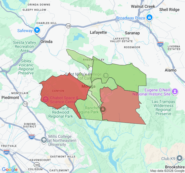 Map of septic coverage in Moraga, CA