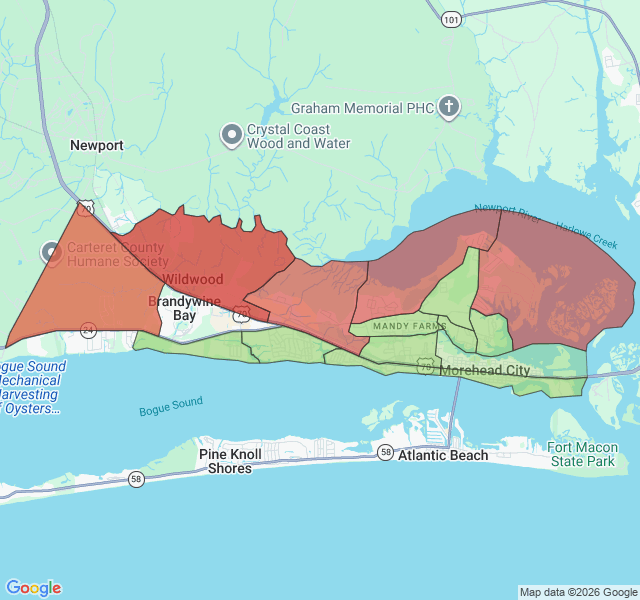 Map of septic coverage in Morehead City, NC