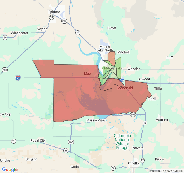 Map of septic coverage in Moses Lake, WA