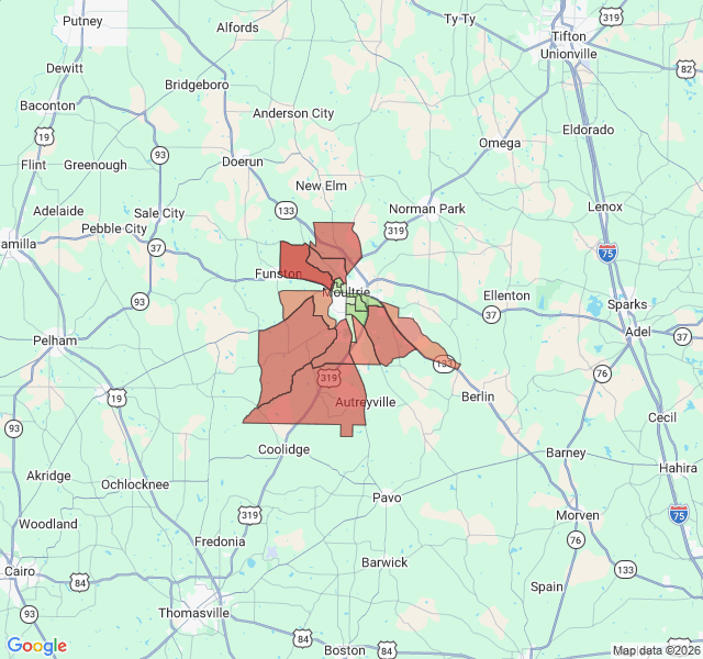 Map of septic coverage in Moultrie, GA