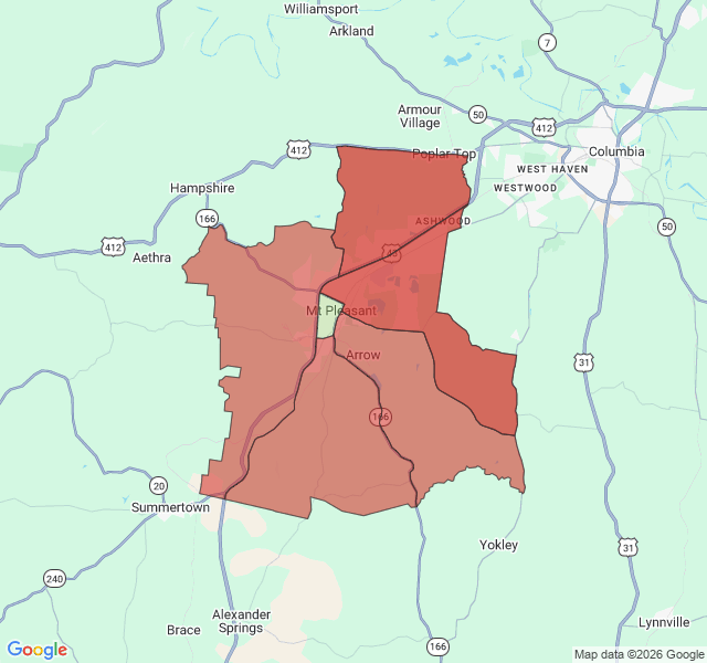 Map of septic coverage in Mount Pleasant, TN