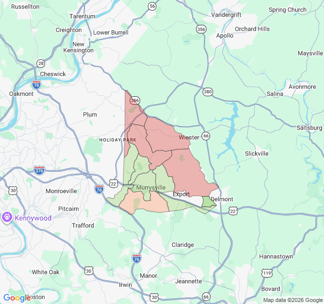 Map of septic coverage in Murrysville, PA
