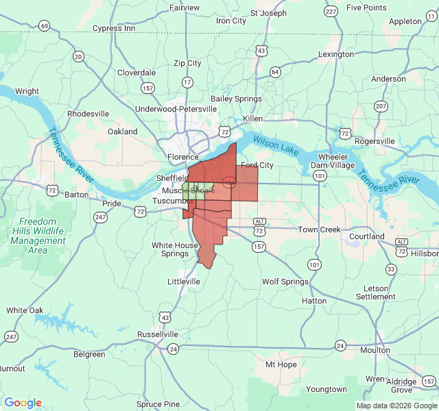 Map of septic coverage in Muscle Shoals, AL