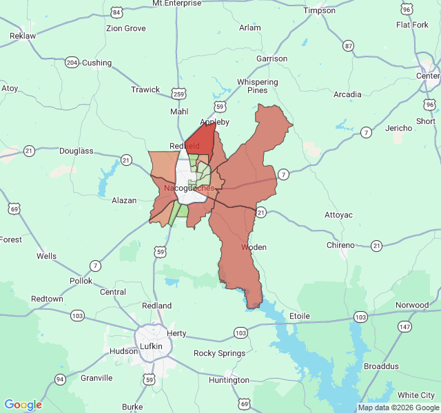 Map of septic coverage in Nacogdoches, TX