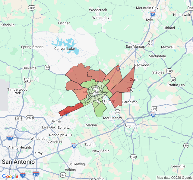 Map of septic coverage in New Braunfels, TX