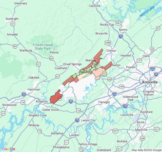 Map of septic coverage in Oak Ridge, TN