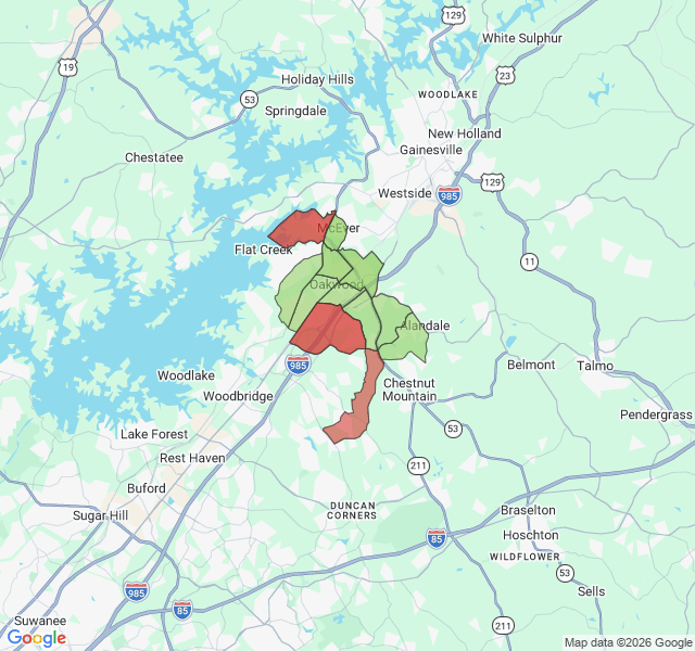 Map of septic coverage in Oakwood, GA
