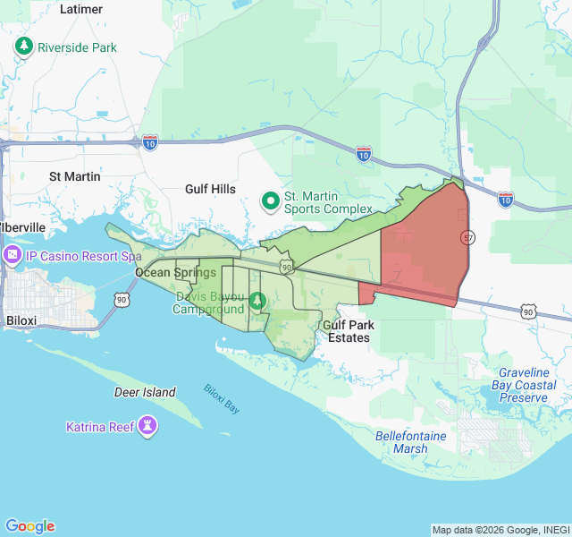 Map of septic coverage in Ocean Springs, MS