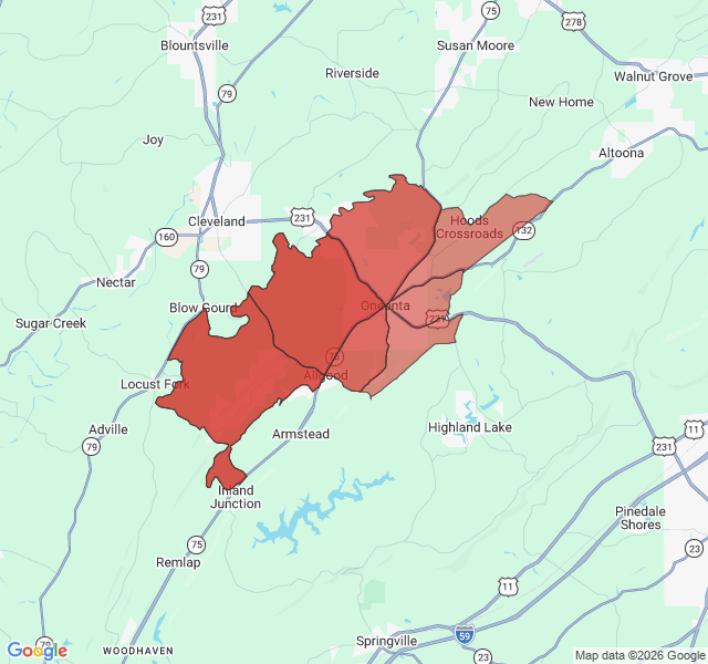 Map of septic coverage in Oneonta, AL