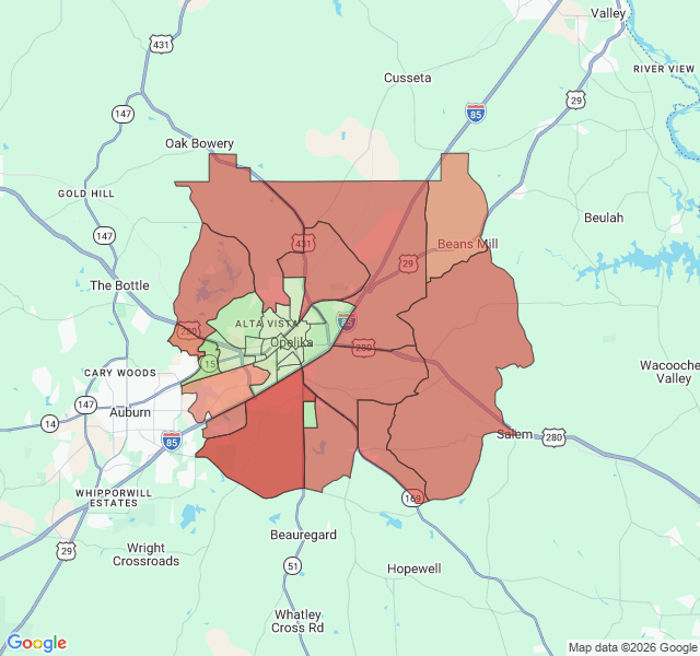Map of septic coverage in Opelika, AL