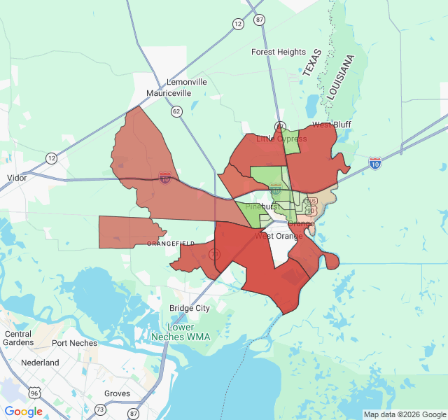 Map of septic coverage in Orange, TX