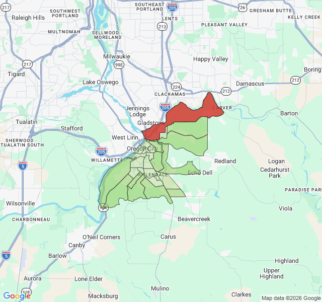Map of septic coverage in Oregon City, OR