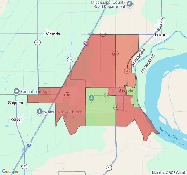 Map of septic coverage in Osceola, AR