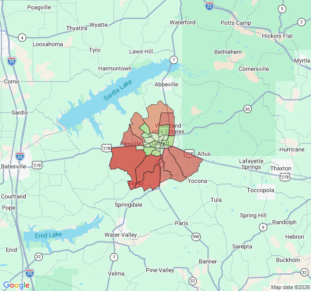 Map of septic coverage in Oxford, MS