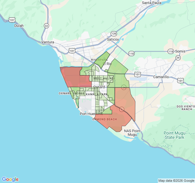 Map of septic coverage in Oxnard, CA