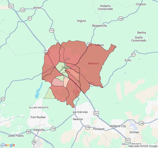 Map of septic coverage in Ozark, AL