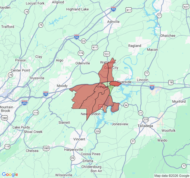 Map of septic coverage in Pell City, AL