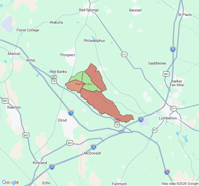 Map of septic coverage in Pembroke, NC