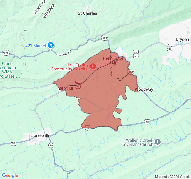 Map of septic coverage in Pennington Gap, VA