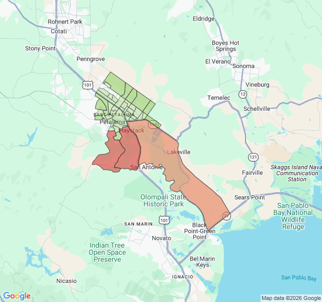 Map of septic coverage in Petaluma, CA