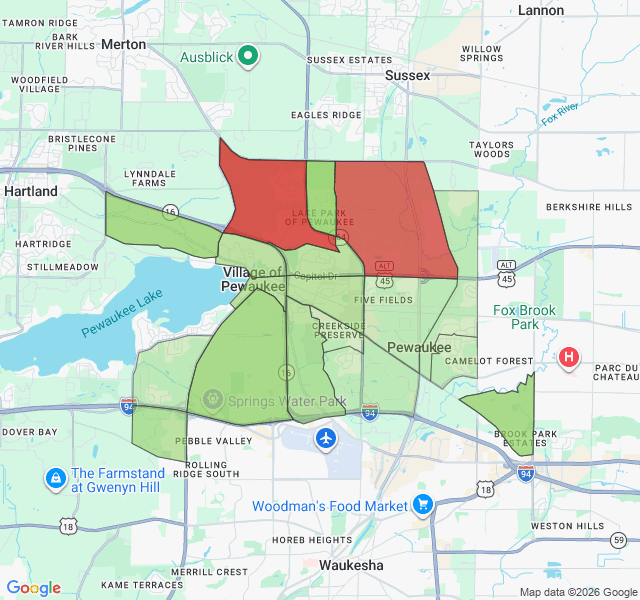 Map of septic coverage in Pewaukee, WI