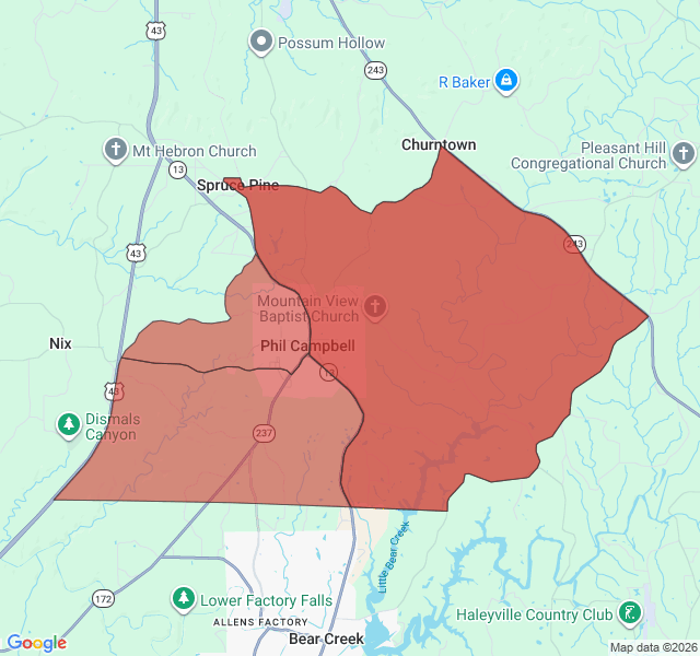 Map of septic coverage in Phil Campbell, AL