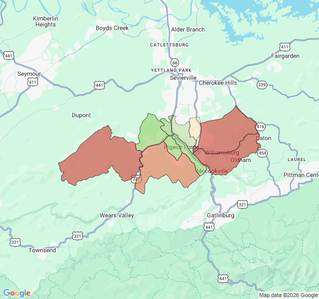 Map of septic coverage in Pigeon Forge, TN