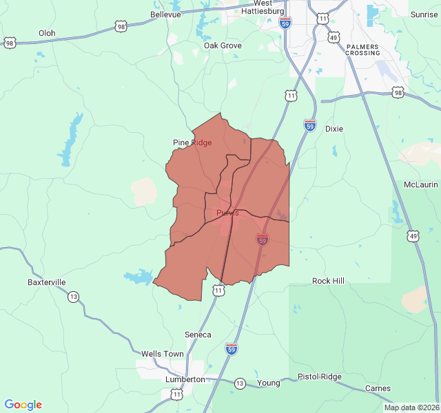Map of septic coverage in Purvis, MS