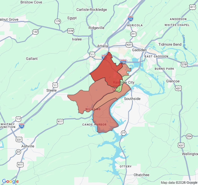 Map of septic coverage in Rainbow City, AL
