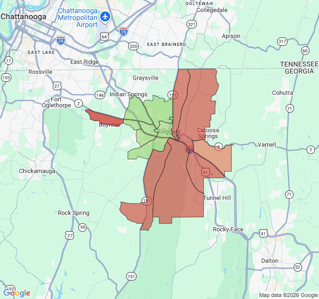 Map of septic coverage in Ringgold, GA