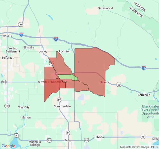 Map of septic coverage in Robertsdale, AL