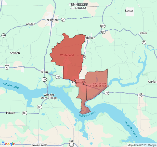 Map of septic coverage in Rogersville, AL