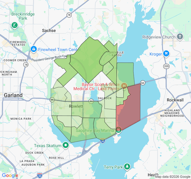 Map of septic coverage in Rowlett, TX