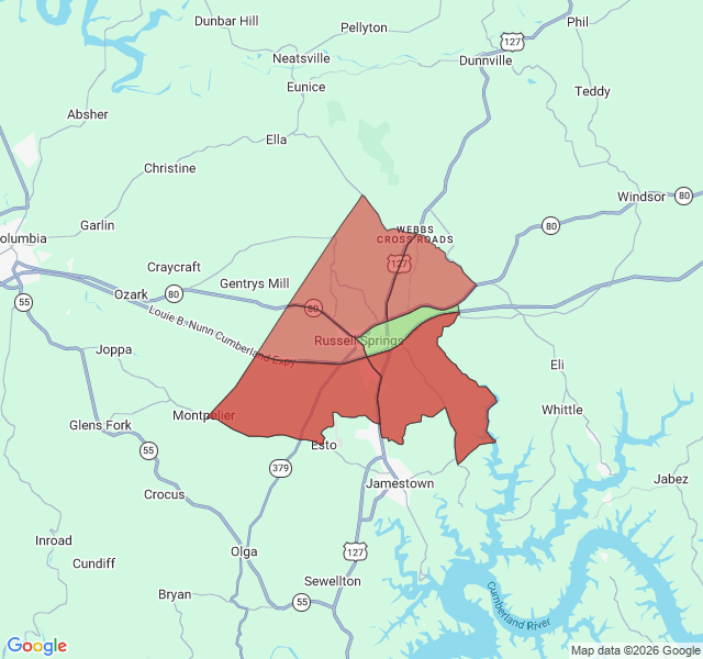 Map of septic coverage in Russell Springs, KY
