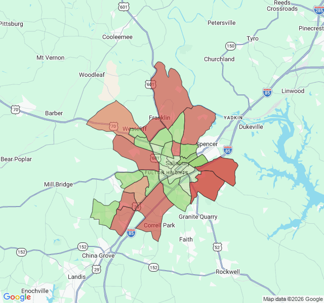Map of septic coverage in Salisbury, NC