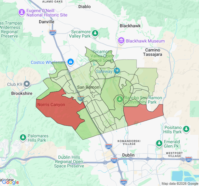 Map of septic coverage in San Ramon, CA