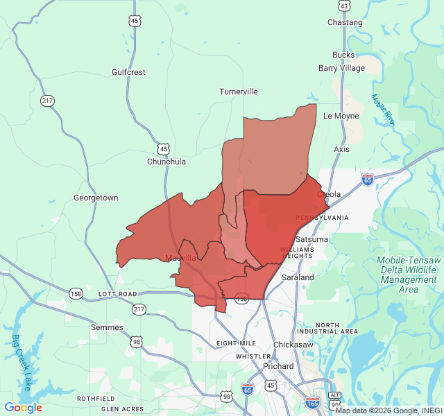 Map of septic coverage in Saraland, AL