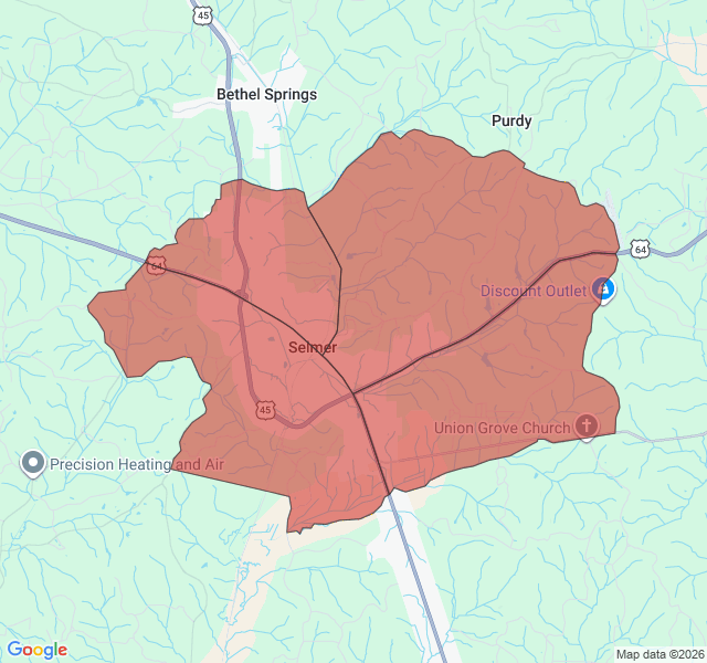 Map of septic coverage in Selmer, TN
