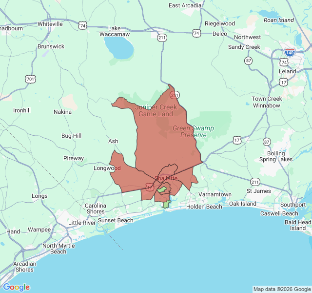Map of septic coverage in Shallotte, NC
