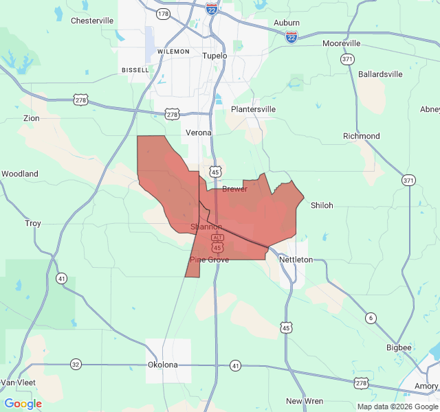 Map of septic coverage in Shannon, MS
