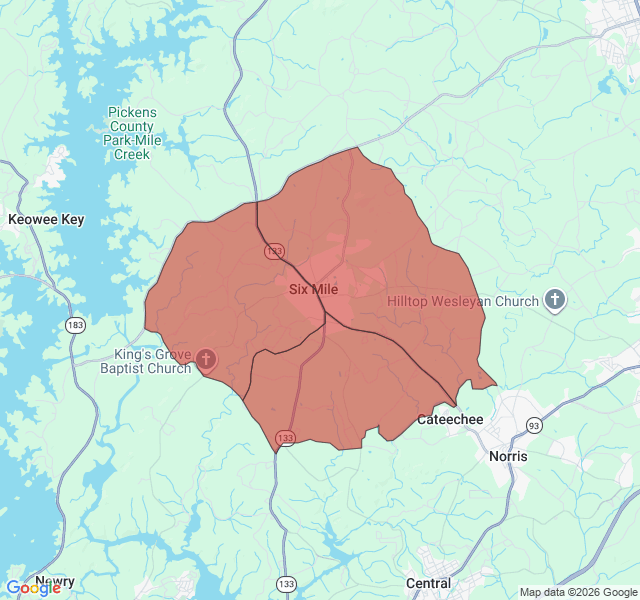 Map of septic coverage in Six Mile, SC