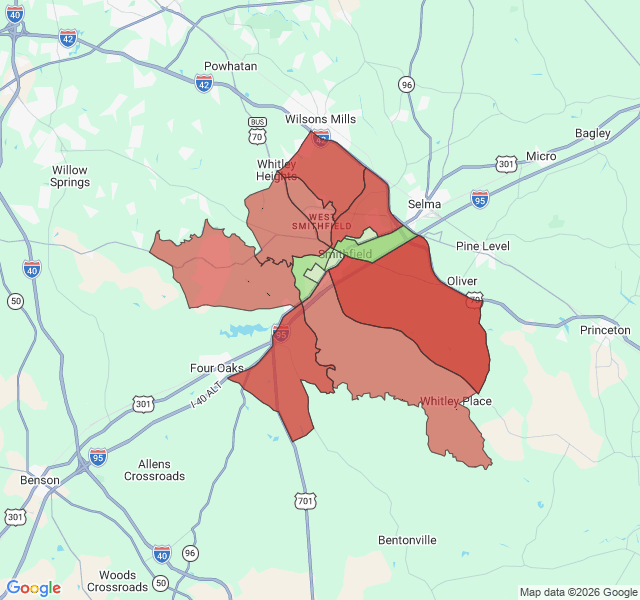 Map of septic coverage in Smithfield, NC