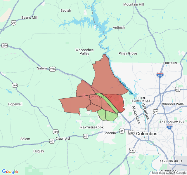 Map of septic coverage in Smiths Station, AL