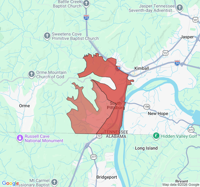 Map of septic coverage in South Pittsburg, TN