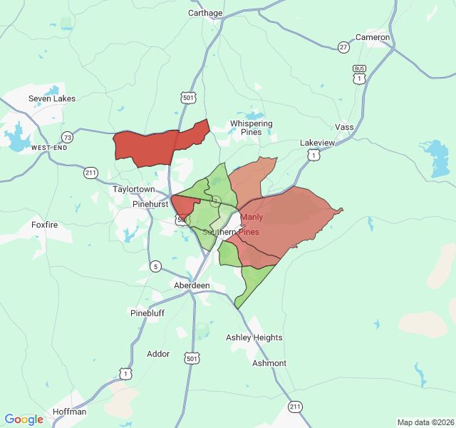 Map of septic coverage in Southern Pines, NC