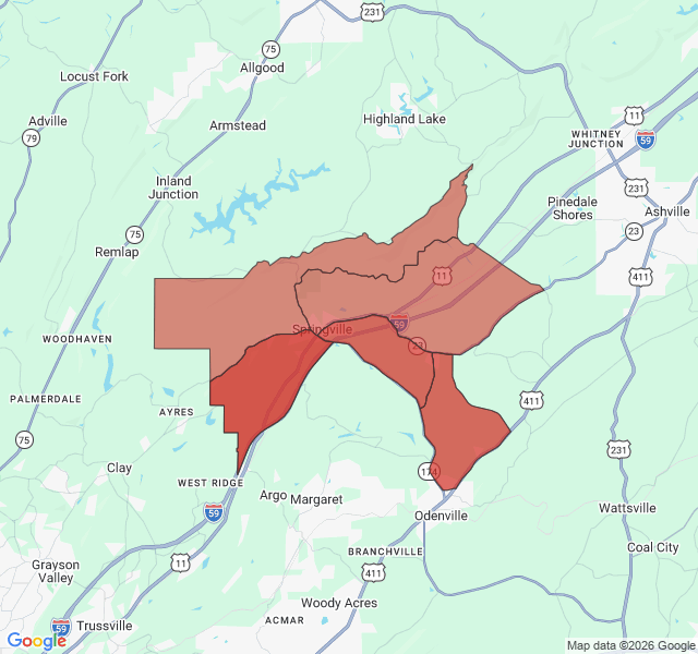 Map of septic coverage in Springville, AL