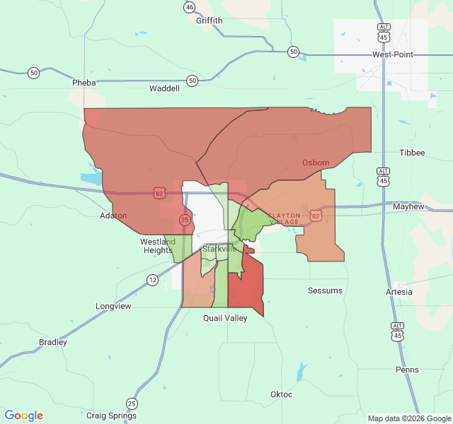 Map of septic coverage in Starkville, MS